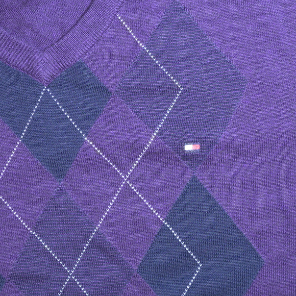 Tommy Hilfiger Men's Sweater Sz XL Argyle Purple Long Sleeve V-Neck Cotton EUC - Picture 7 of 14